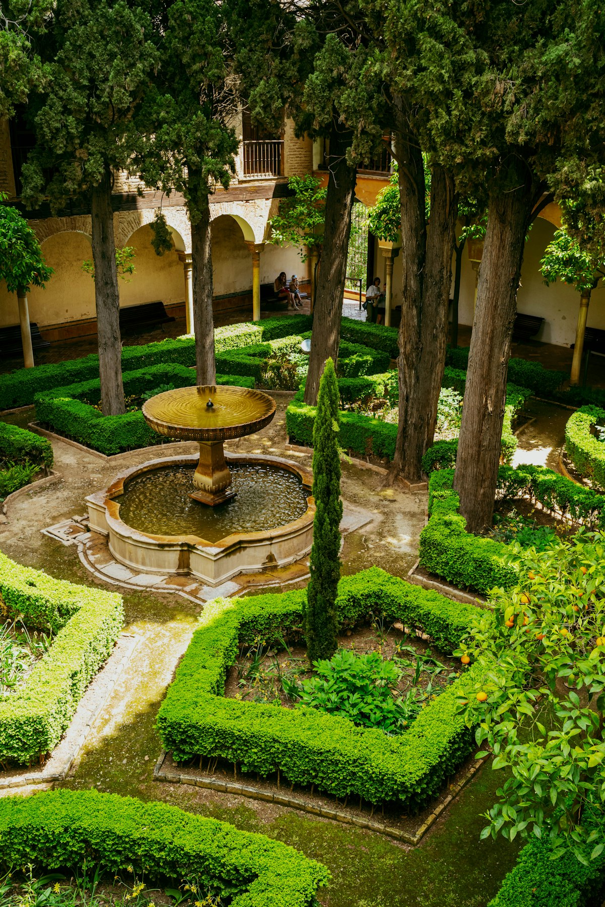 Compact courtyard featuring planters, stone textures, and structured greenery
