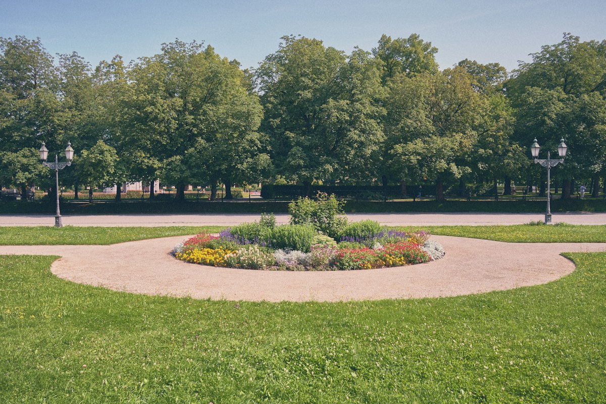 Layered flower beds with a rich variety of seasonal colors
